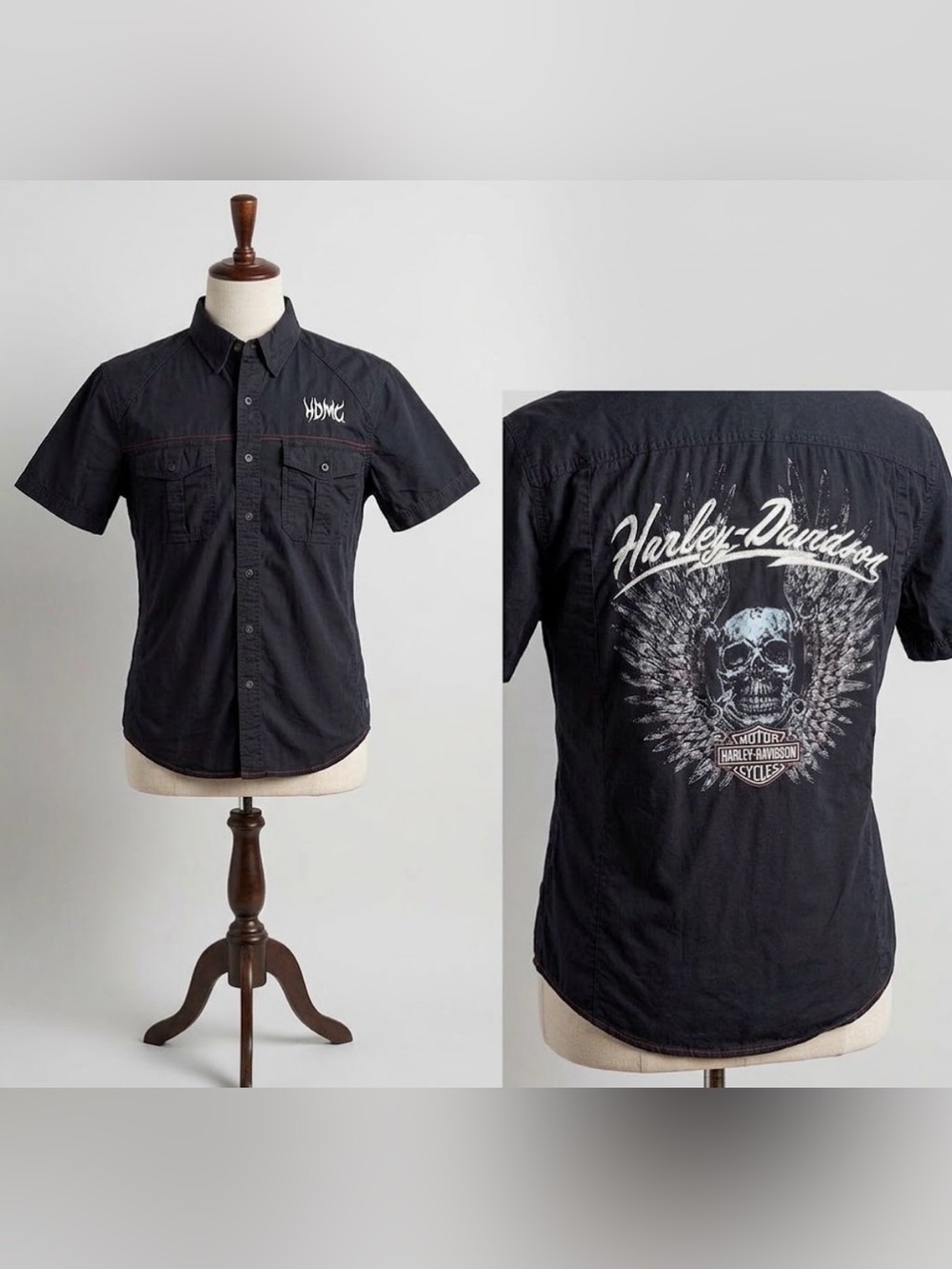 Harley Davidson S/S Button Up Biker Shirt Men L Skull Wings Wrench HD Motorcycle